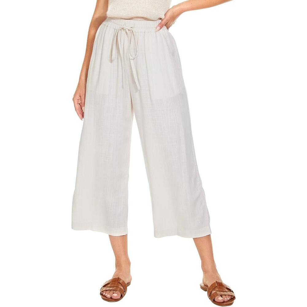 Ginasy Linen Viscose Pants High Waist Wide Leg Crop Capri Summer Boho Casual M